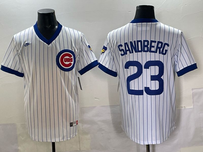 Men 2025 Chicago Cubs #23 Sandberg white stripe Throwback Nike MLB Jersey style 01